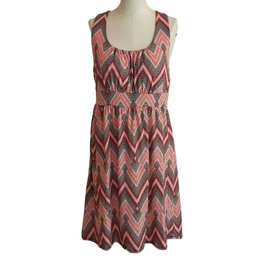 Allison Brittney Womens L Coral Black Geometric Chevron Racerback Empire Dress